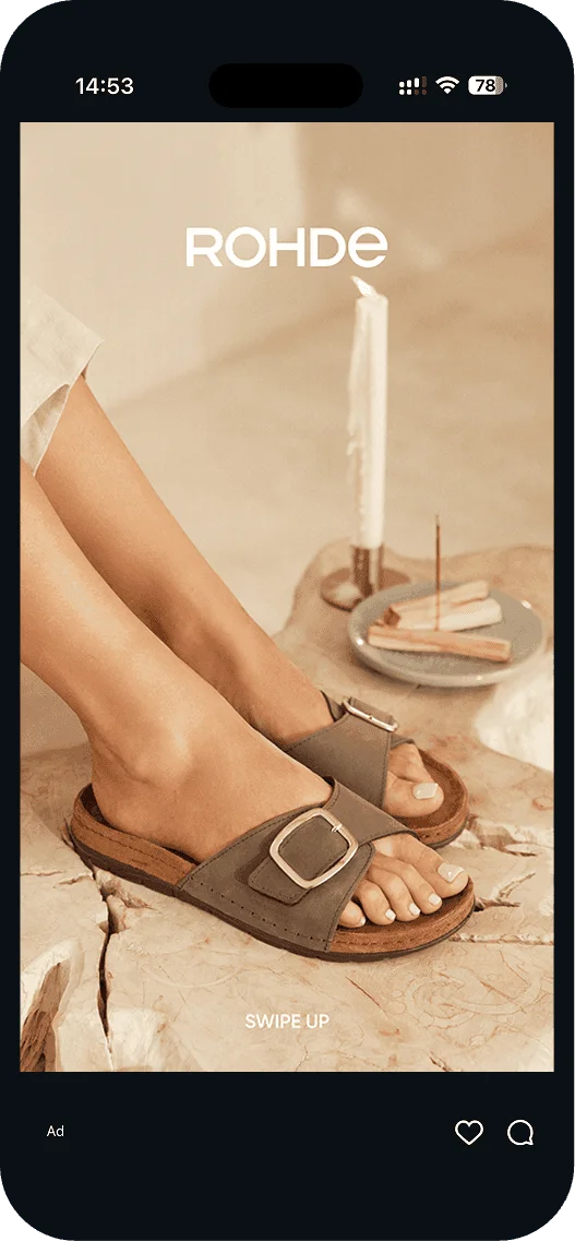 ROHDE story ad: feet in taupe two-buckle sandals.