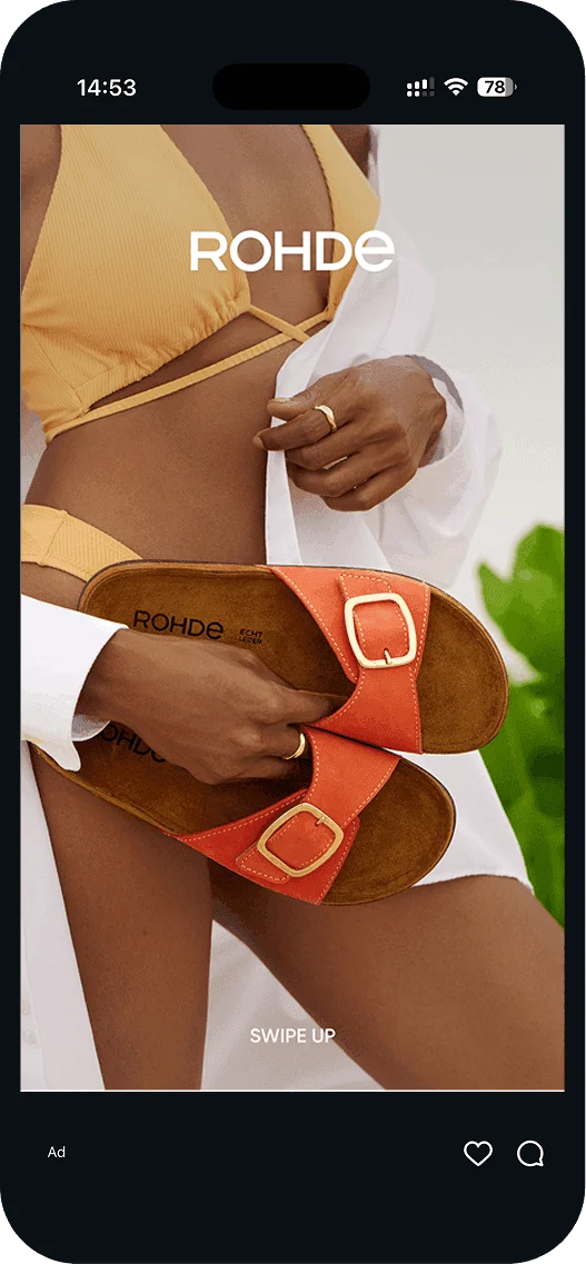 ROHDE story ad: orange sandals held in front of a yellow bikini.