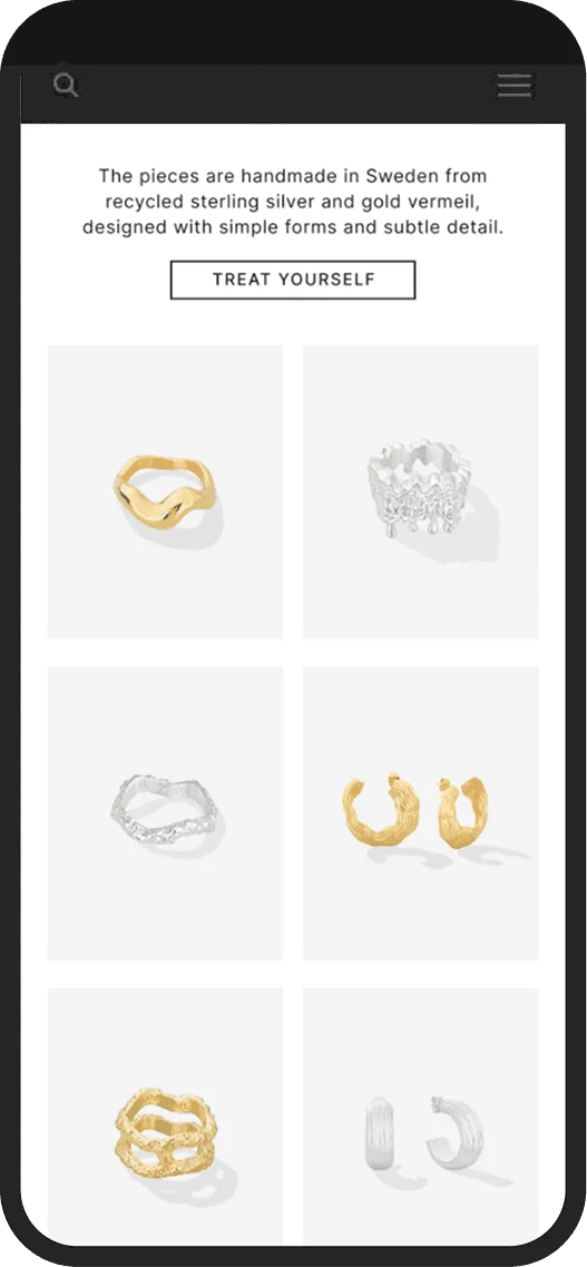 Cold Skin newsletter with a product grid of rings and earrings