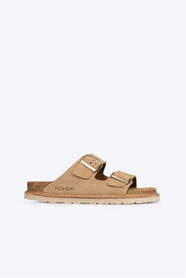 Tan two-strap suede sandal