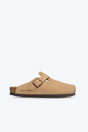 Tan suede clog with buckle