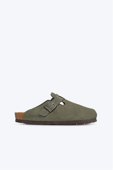 Olive suede clog with buckle