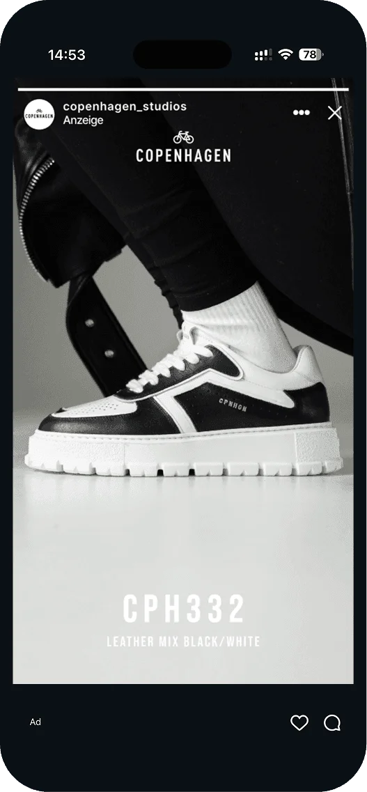 Anzeige von Copenhagen Studios für den Sneaker CPH332 in Schwarz-Weiß