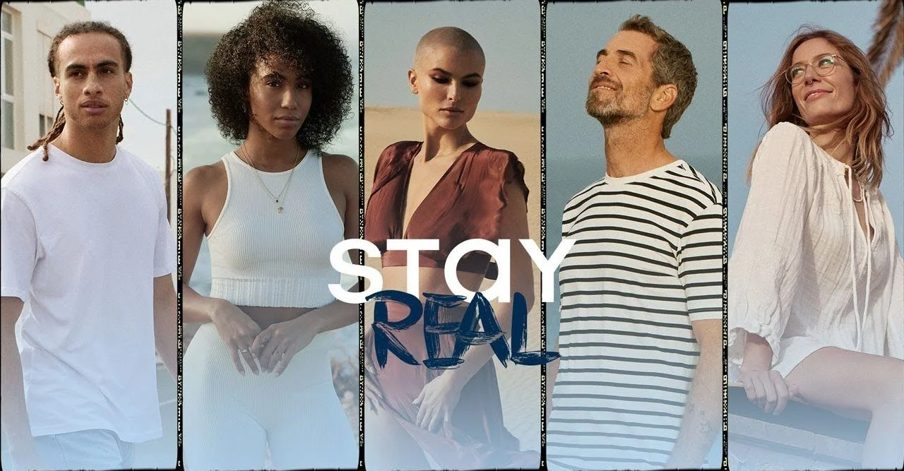 Five protagonists of the STAY REAL film side by side with the campaign logo.
