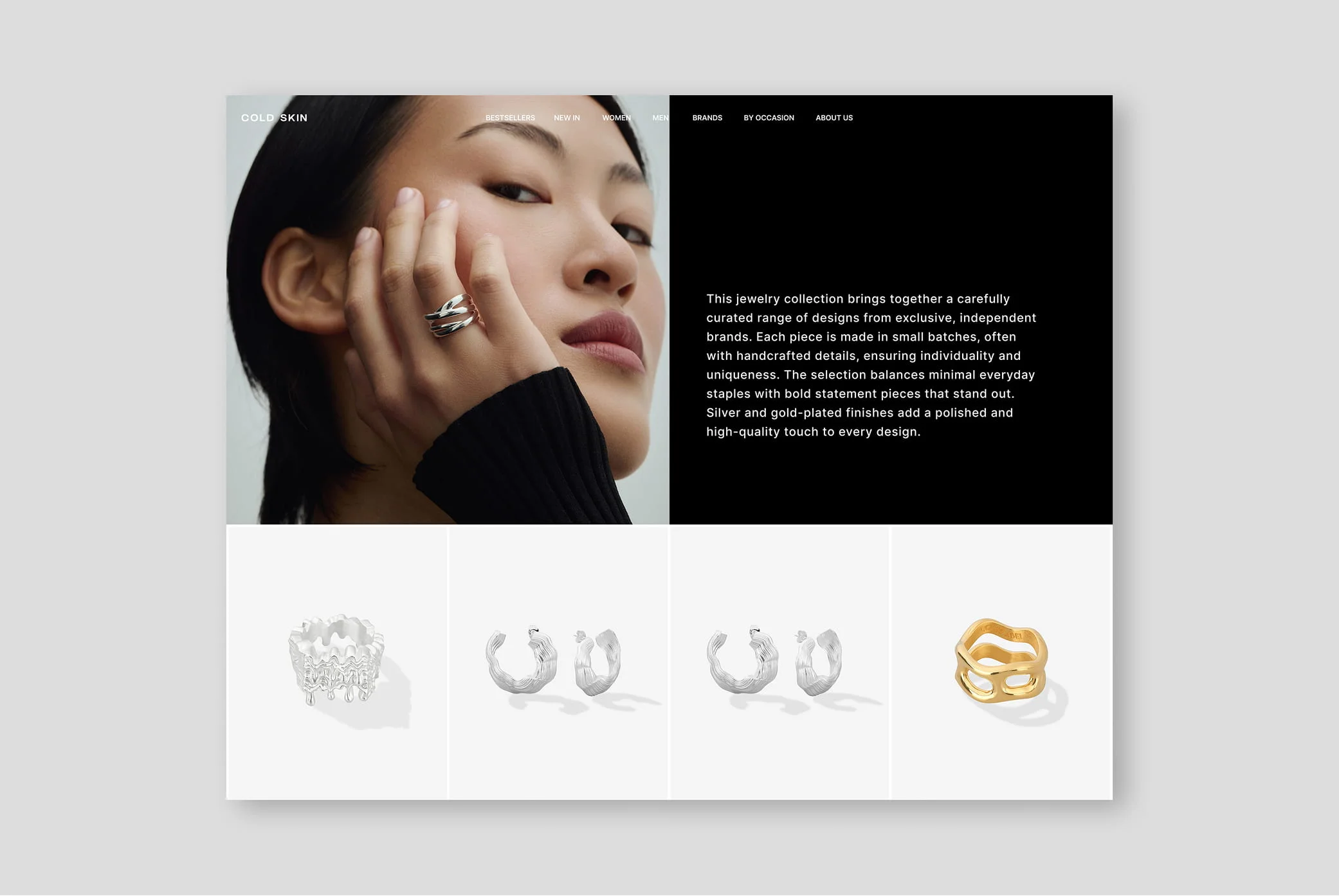 Cold Skin homepage with a campaign image and a row of rings and earrings