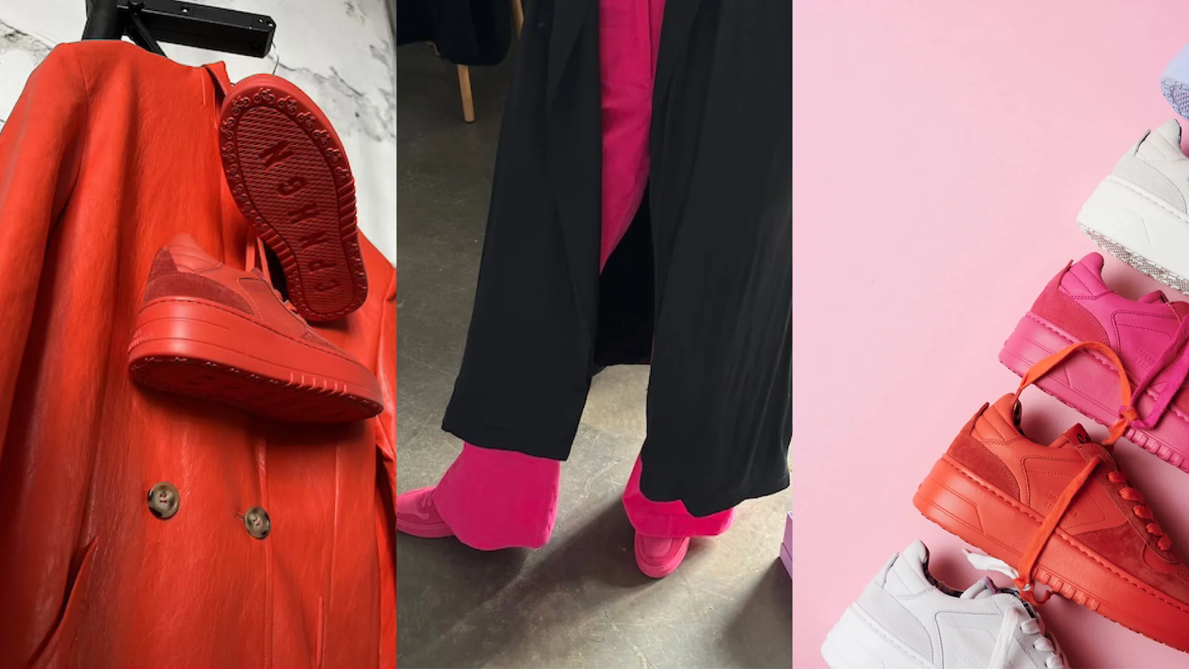 Rote Sneaker auf rotem Ledermantel, pinke Sneaker zu schwarzem Mantel, bunte Sneaker vor Pink